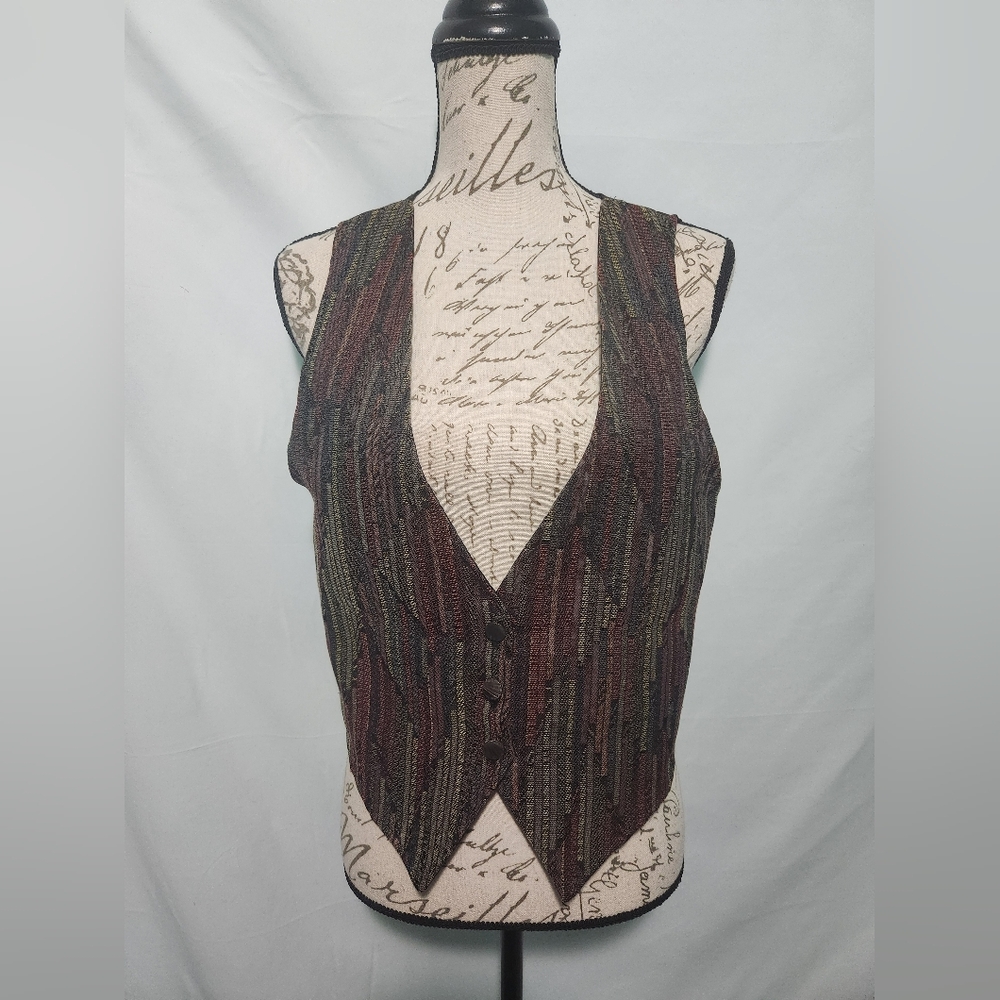 Vintage 1980s First Time 3 Button Vest. Multi-Color Vertical Stripes. Size Small